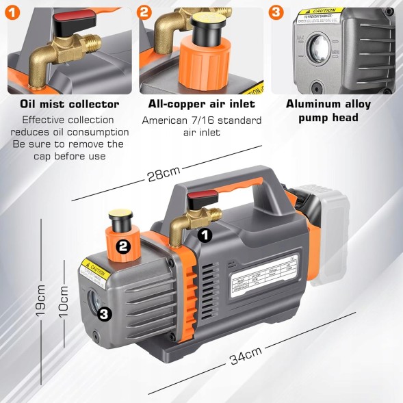 HVAC VP-1ZBP ВАКУУМНИЙ НАСОС 18V 2CFM 0.25HP 1-СТУПЕНЕВИЙ ДЛЯ ІНСТРУМЕНТІВ HVAC