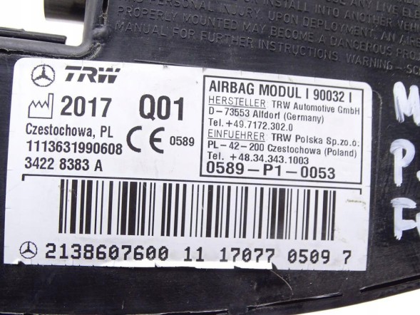 Mercedes-Benz OE 2138607600 GBI_BMW H MERCEDES E-KLASA W213 16-23 ПОДУШКА AIRBAG СИДІННЯ ПРАВА ОРИГІНАЛ НОВА