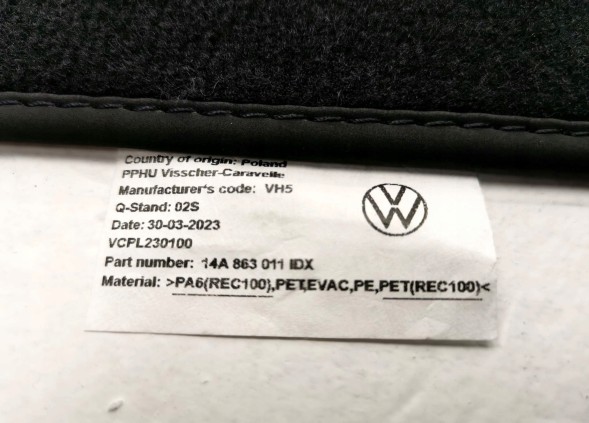 Volkswagen OE 14A863011, DWP465060OE Велюрові килимки, комплект VW ID.7 14A863011