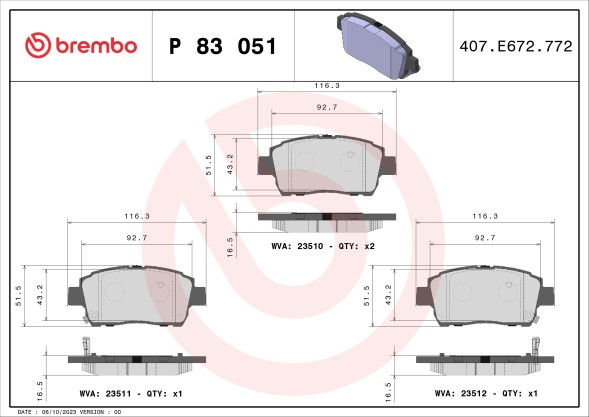 P83051 BREMBO Комплект гальмівних колодок з 4 шт дисків