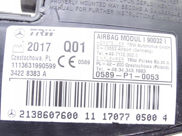 Mercedes-Benz OE 2138607600 GBI_BMW I MERCEDES E-KLASA W213 16-23 ПОДУШКА AIRBAG СИДІННЯ ПРАВА ОРИГІНАЛ НОВА