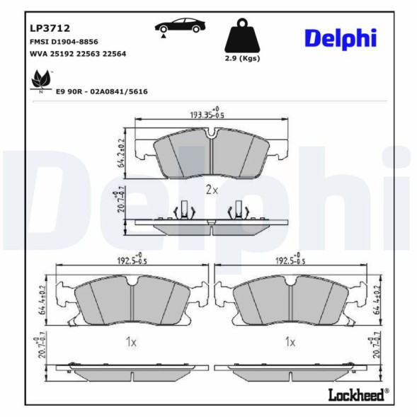 LP3712 DELPHI Комплект гальмівних колодок з 4 шт дисків