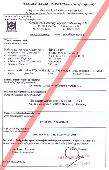 Китай GB-ZP-055-270 Балон LPG 55л підвісний 270x1069мм газова фаза ВЕЛИКИЙ ФУДТРАК КЕМПЕР