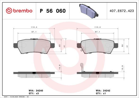 P56060 BREMBO Комплект гальмівних колодок з 4 шт