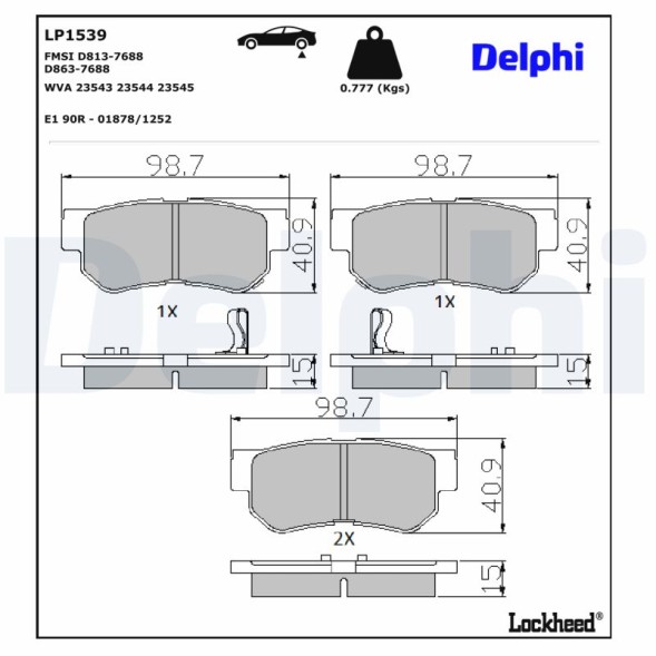 LP1539 DELPHI Комплект гальмівних колодок з 4 шт дисків