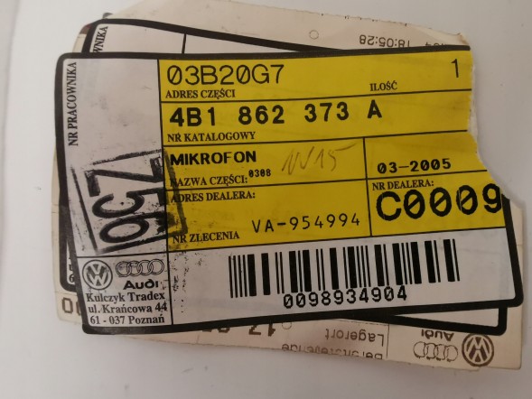 Audi OE ГОЛОСОВИЙ НАБІР МІКРОФОН AUDI A6 4B1862373A