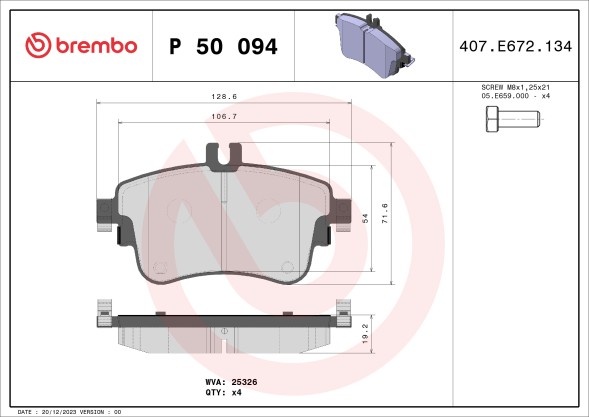 P50094 BREMBO Комплект гальмівних колодок з 4 шт дисків