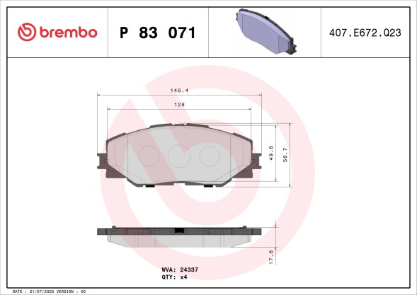 P83071 BREMBO Комплект гальмівних колодок з 4 шт дисків
