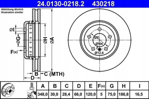 ATE 24.0130-0218.2 Гальмівний диск передній вентильований 24.0130-0218.2