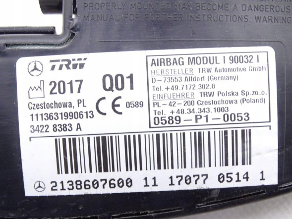 Mercedes-Benz OE 2138607600 GBI_BMW F MERCEDES E-KLASA W213 16-23 ПОДУШКА AIRBAG СИДІННЯ ПРАВА ОРИГІНАЛ НОВА